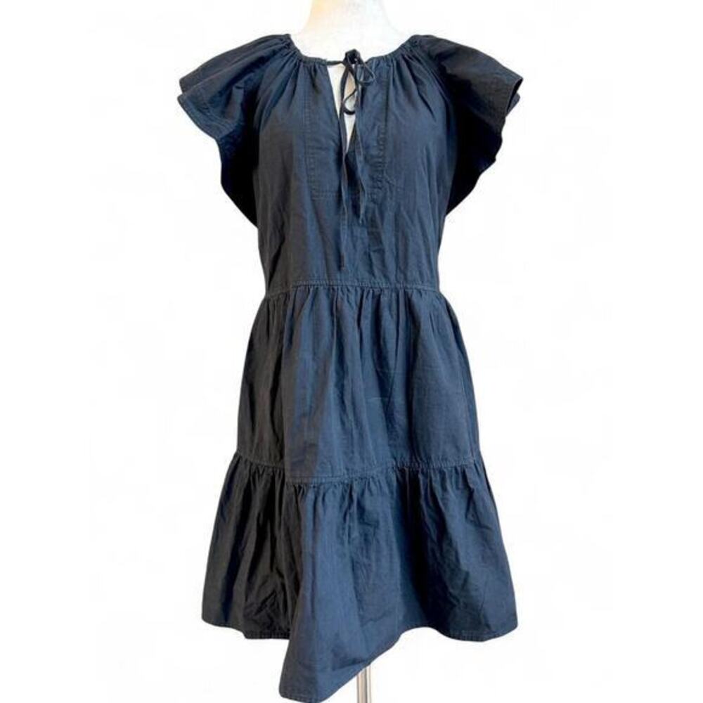 Pinch Boutique Flare‎ Sleeve Poplin Tiered Babydoll Mini Dress Sz L Tie Neck